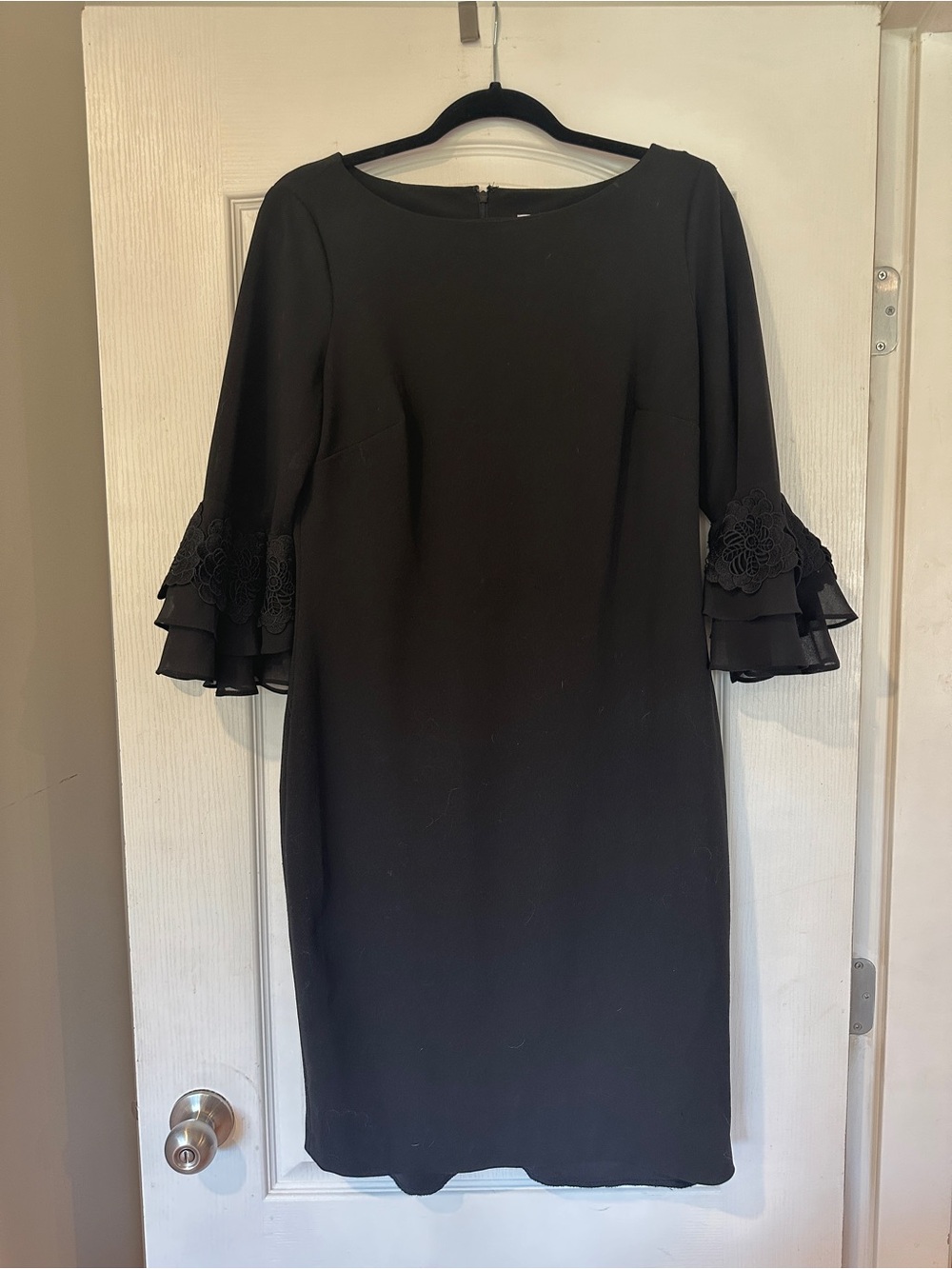 Calvin Klein Black Shift Dress with Tiered Lace Bell Sleeves
